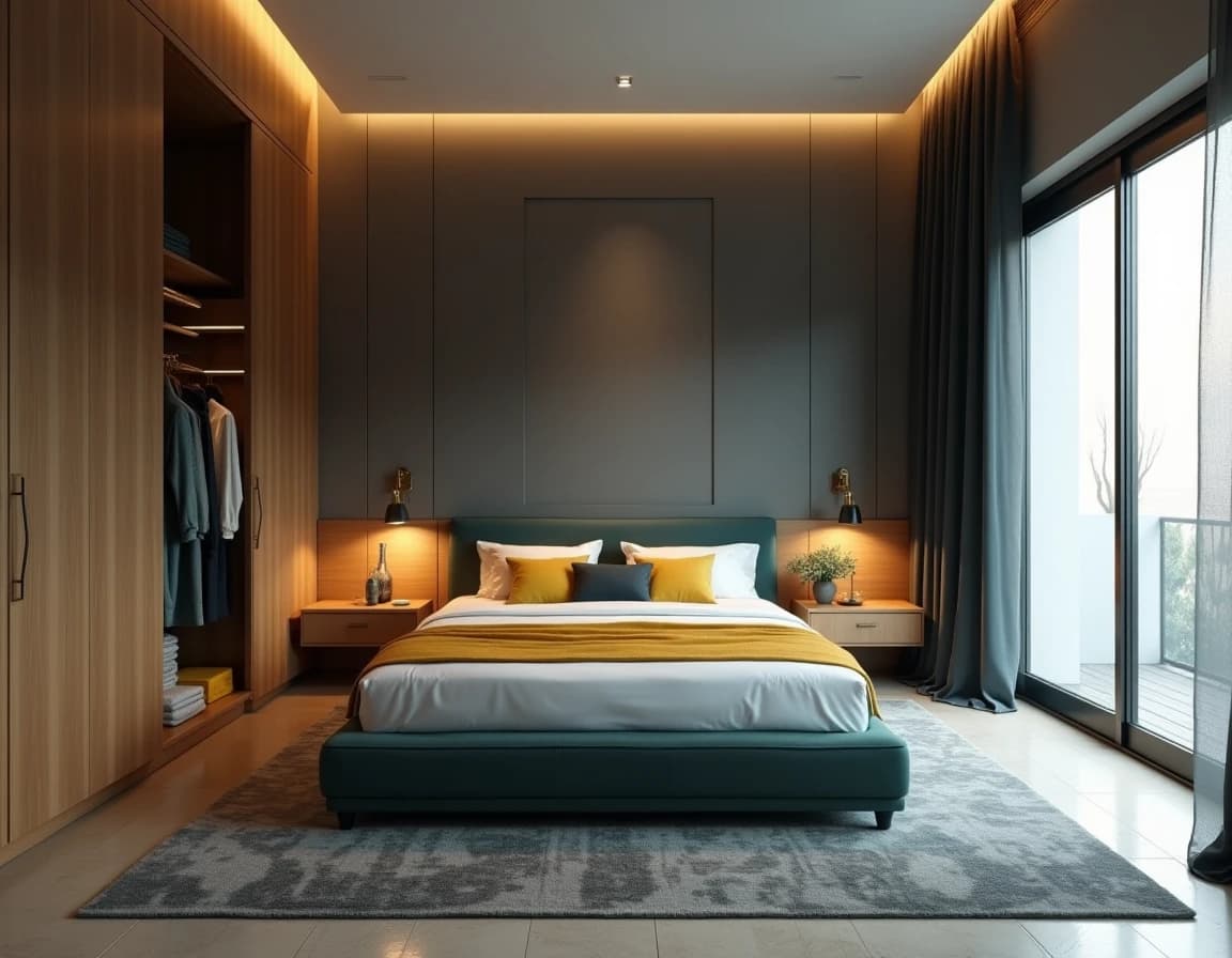 Minimalistisk soverom med dyp blå vegg, okergule tekstiler og geometrisk mønstret teppe.