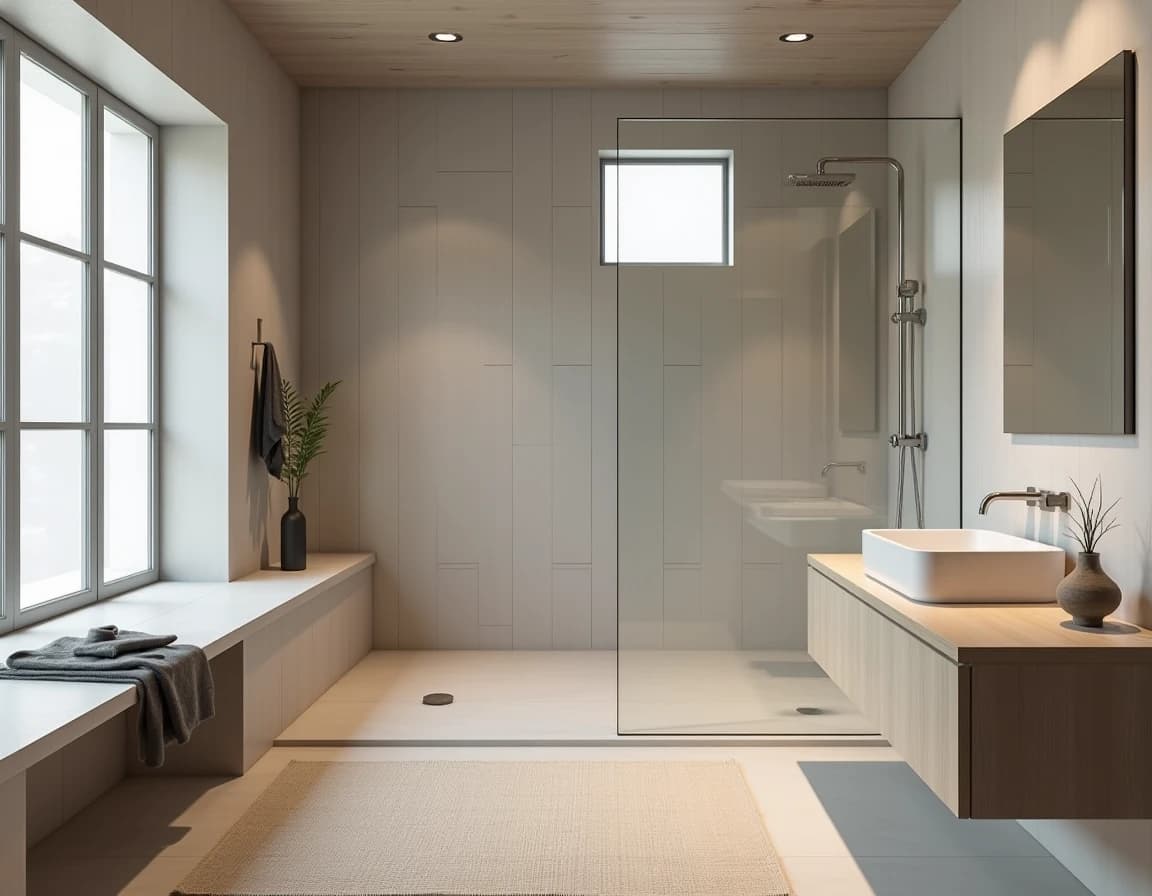 Minimalistisk bad med rå eik-benk, uglasert keramikkvask og lindurkle.