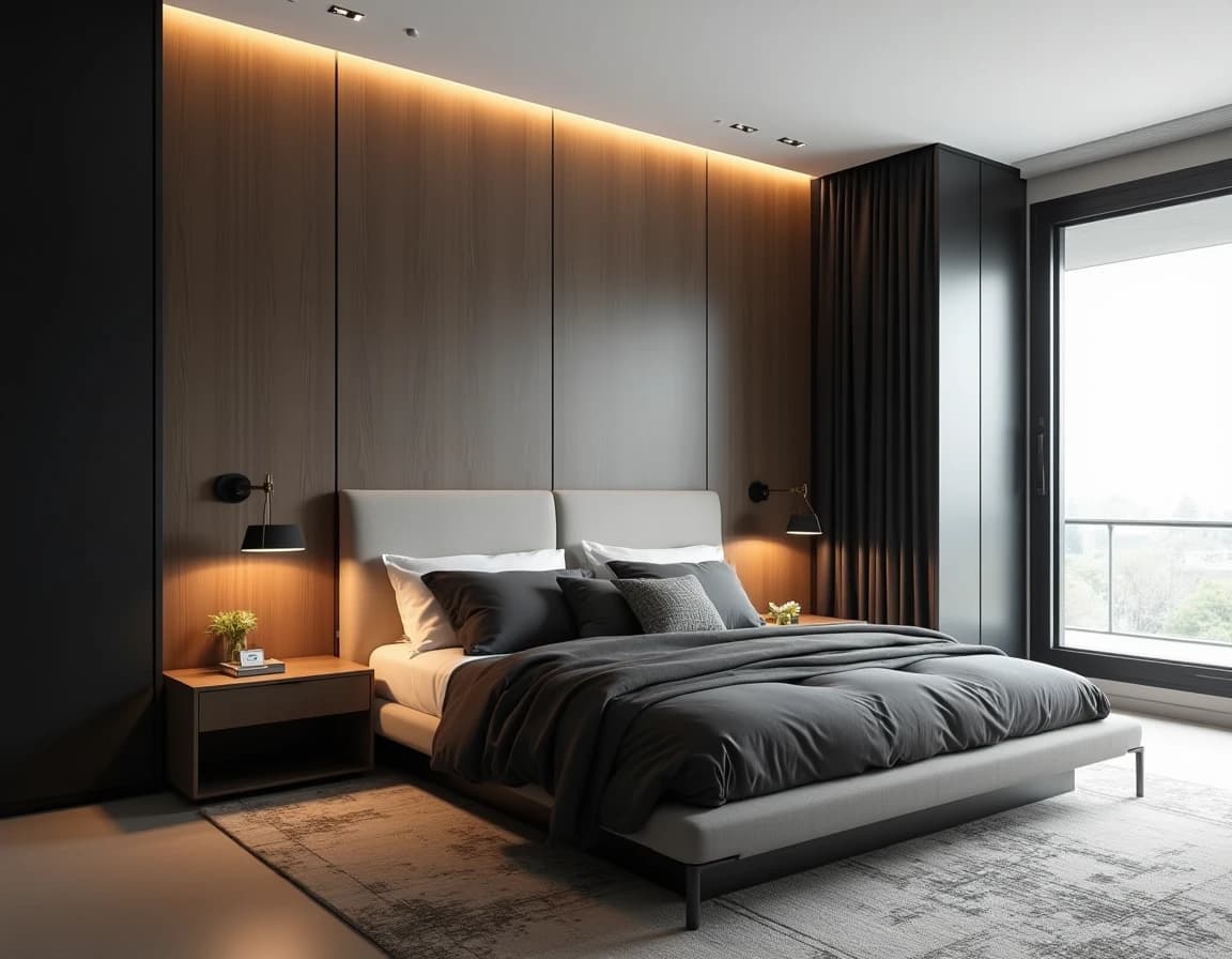 Minimalistisk soverom med sort sengstativ, hvit vegg og messingspeil.