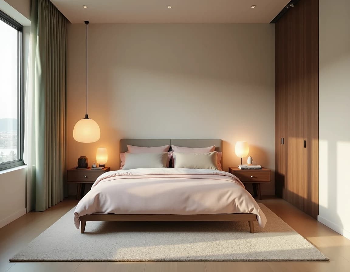 Japandi soverom med salvievegger, pudderrosate lintekstiler, lyst tre og keramikk.