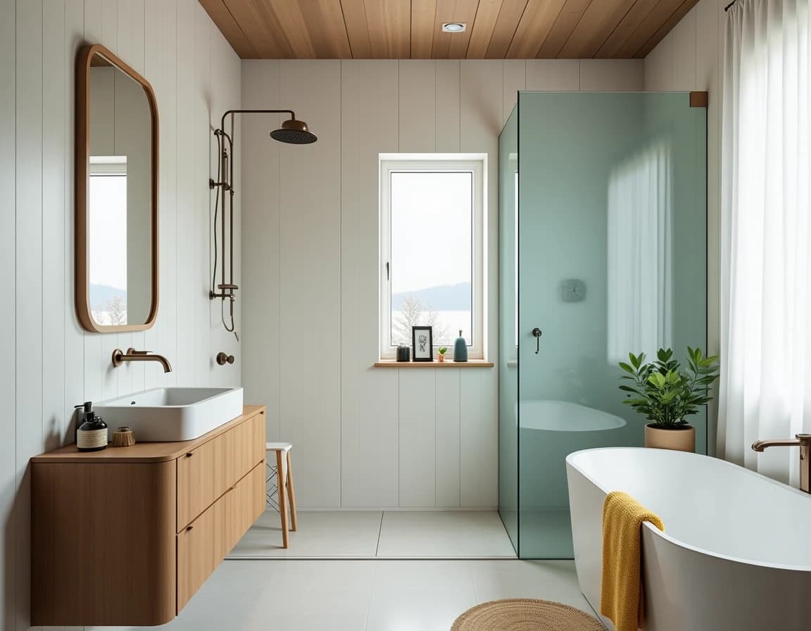 Skandinavisk bad med dyp blå vegg, lyst tre, okertonede mønstrede tekstiler og naturlig trerammet speil.