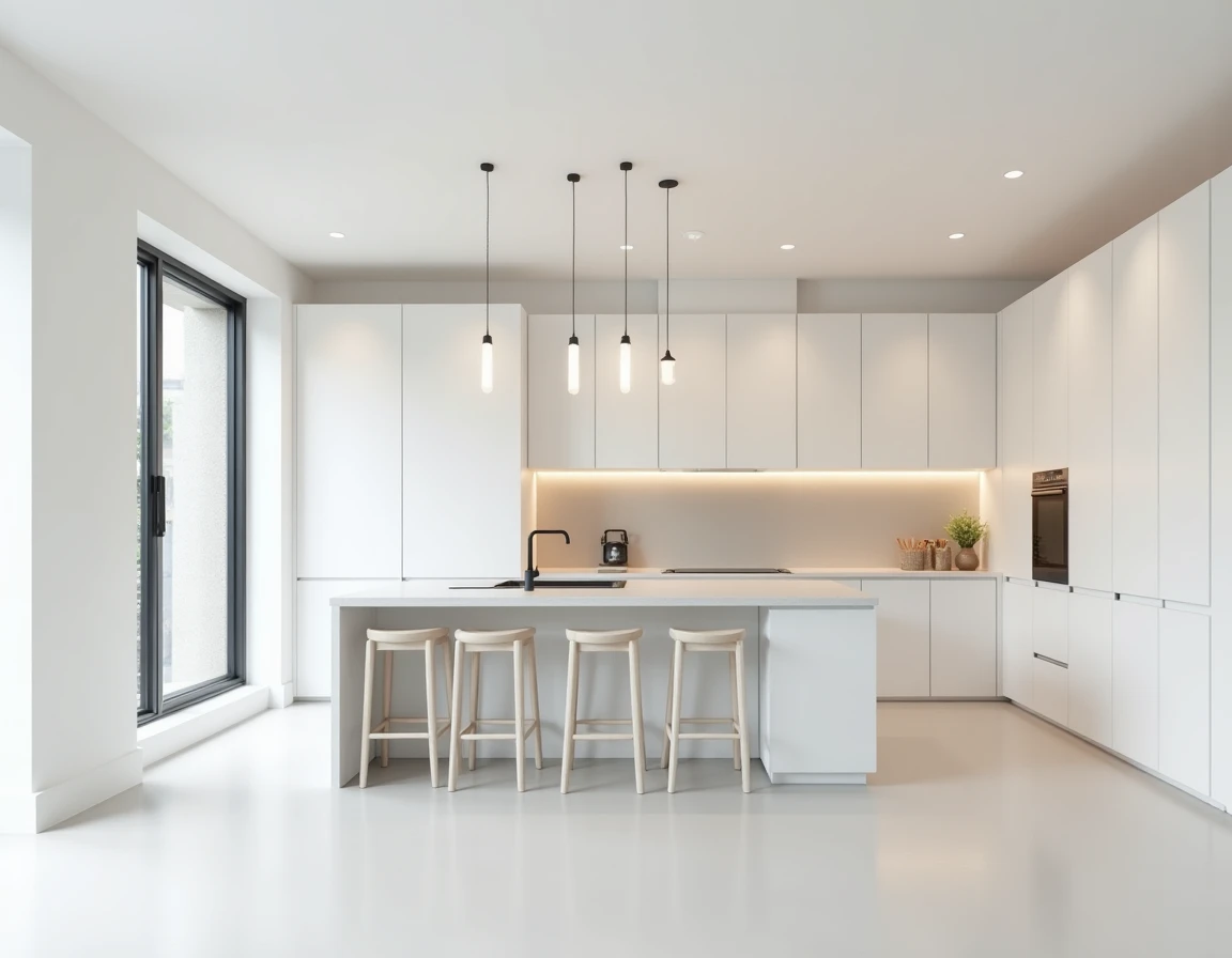 Minimalistisk kjøkken helt hvitmalt med integrerte hvitevarer og en keramikkskål.