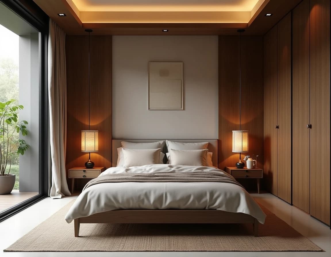 Japandi soverom med rå eik sengeramme, lintekstiler og uglasert keramikk.