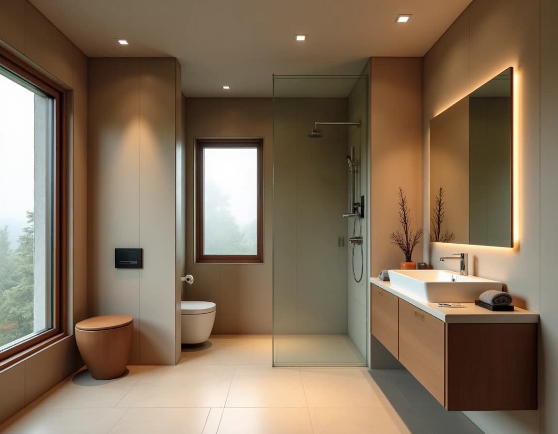 Moderne bad med terrakotta-vegg, oliven-grønne fronter og travertin-benk.