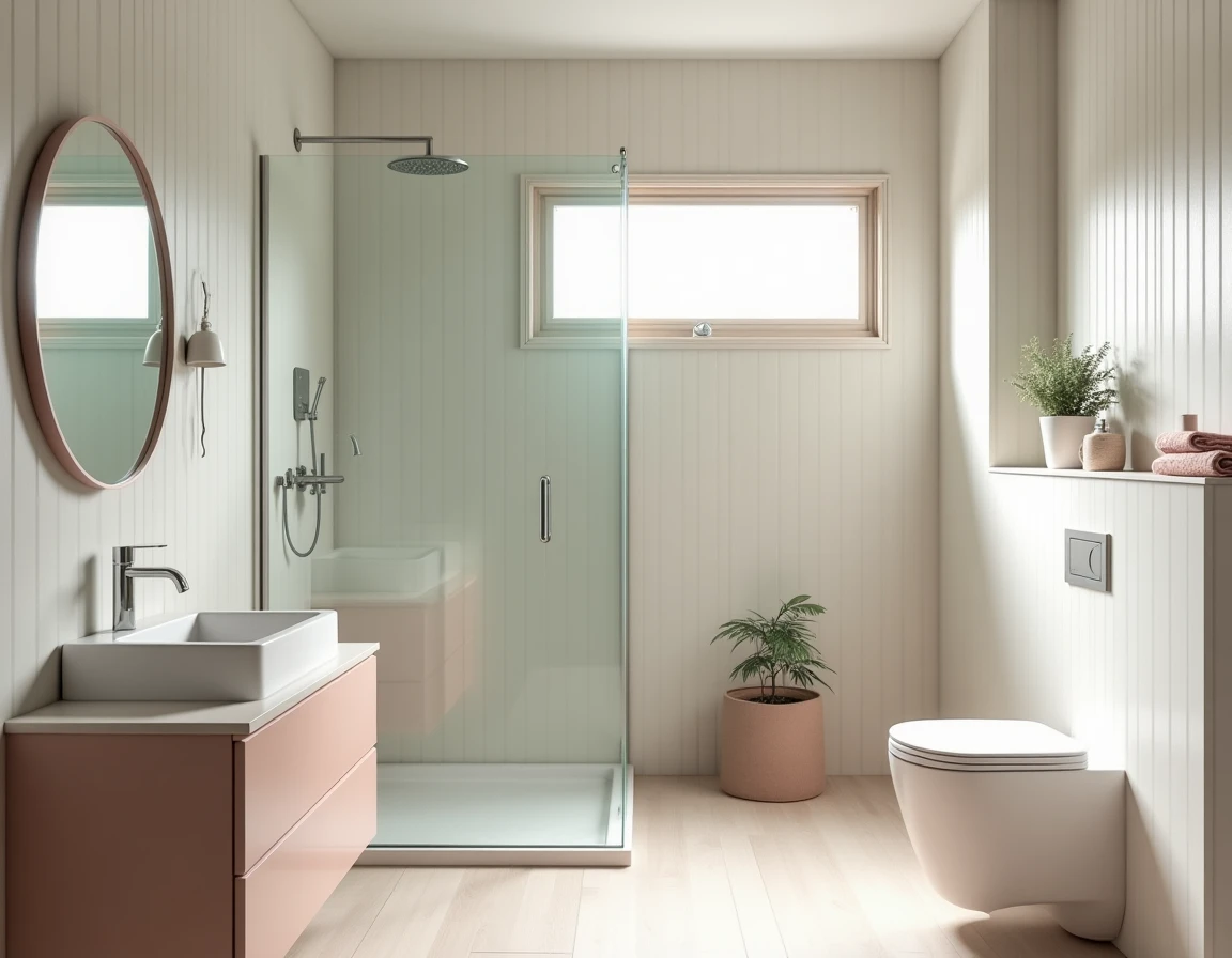 Skandinavisk bad med salviefarget vegg, hvite fliser og lyst tre-detaljer.