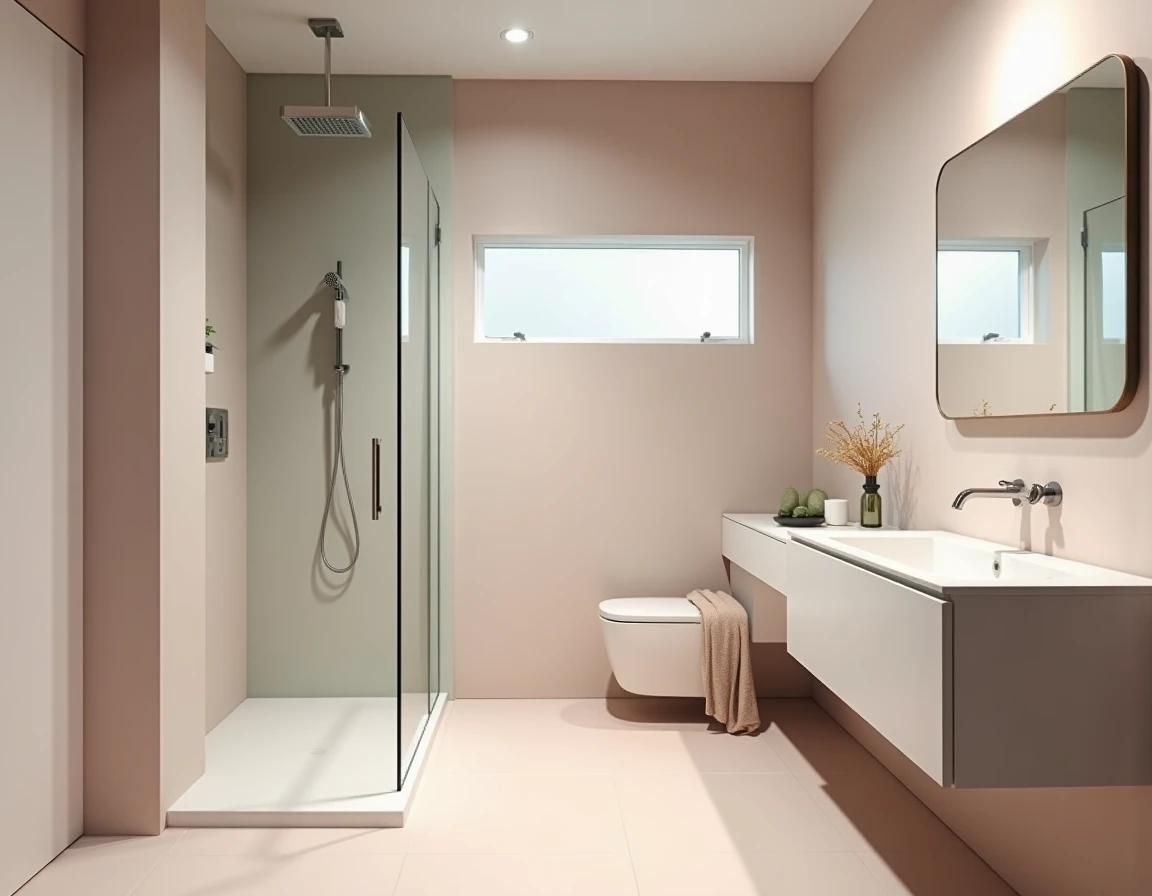 Minimalistisk bad med salviegronn vegg, rosa aksentflis og krem benkeplate.