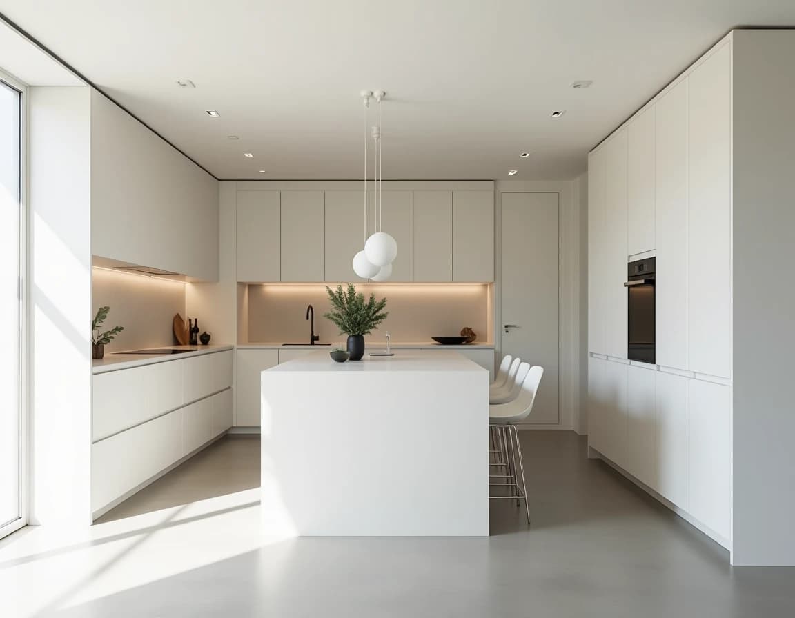 Minimalistisk kjøkken med hvite matte fronter, lysgrå betonbenk og hvitlasert eik.