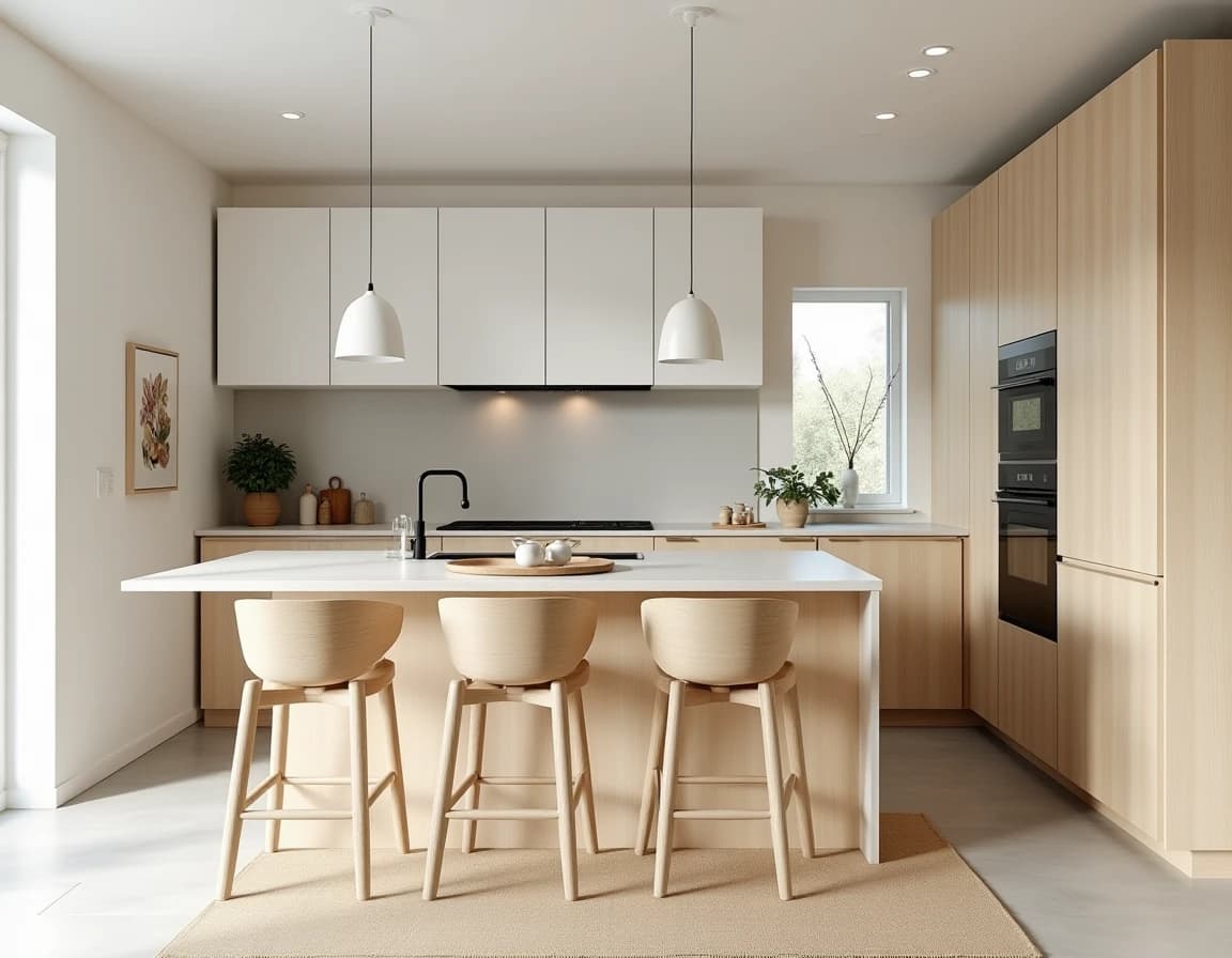 Skandinavisk kjøkken med rå eik, kremfargede fronter, uglasert keramikk og planter.