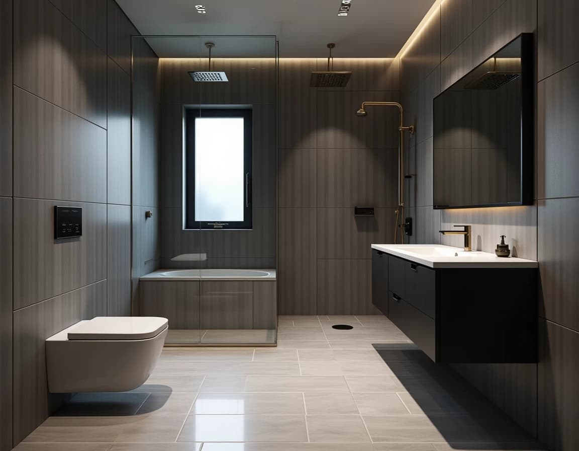 Moderne bad med sort panel, hvit marmorservant og messingkraner.