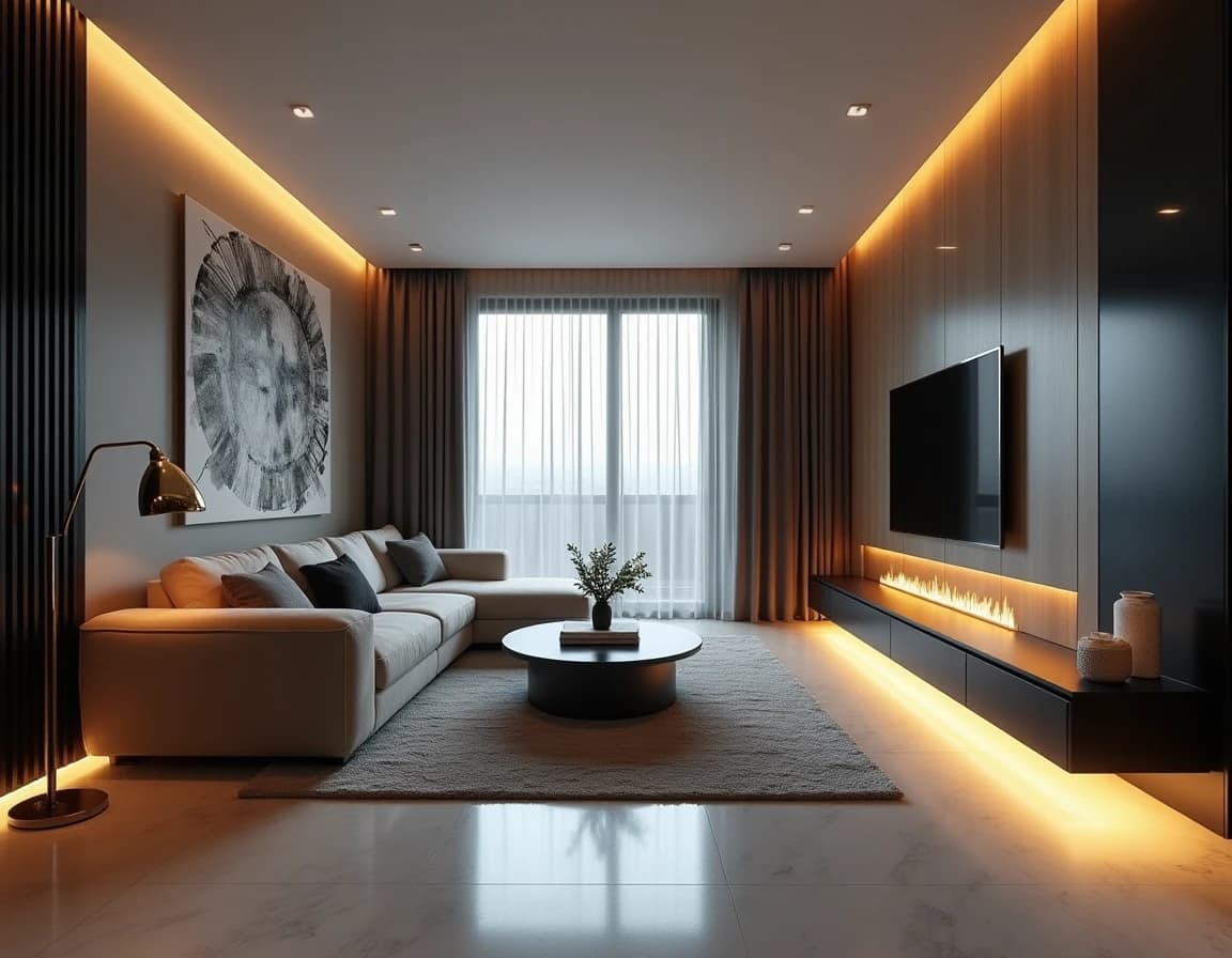 Moderne stue med sort panelvegg, hvit sofa og messinglamper i grafisk kontrast.