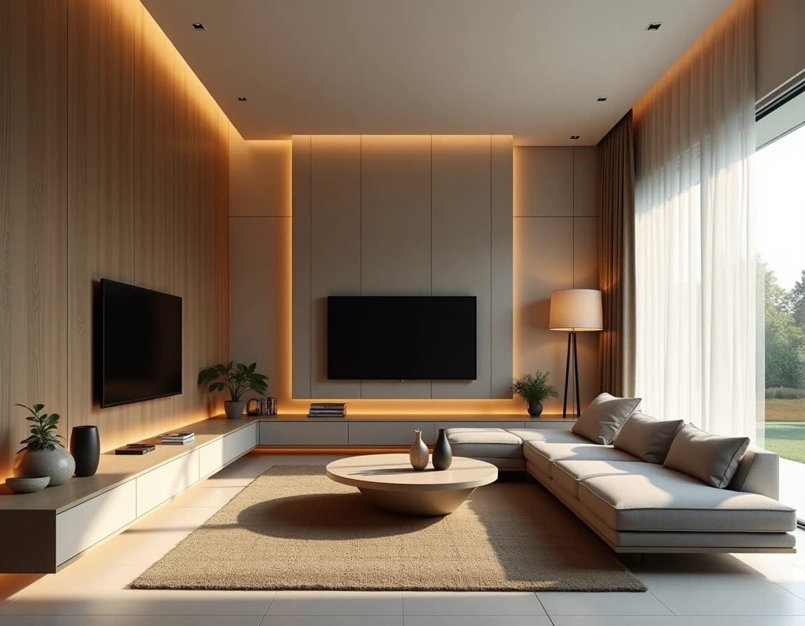 Moderne stue med rå eik-panel, kremfarget lin-sofa og rustikk keramikk.