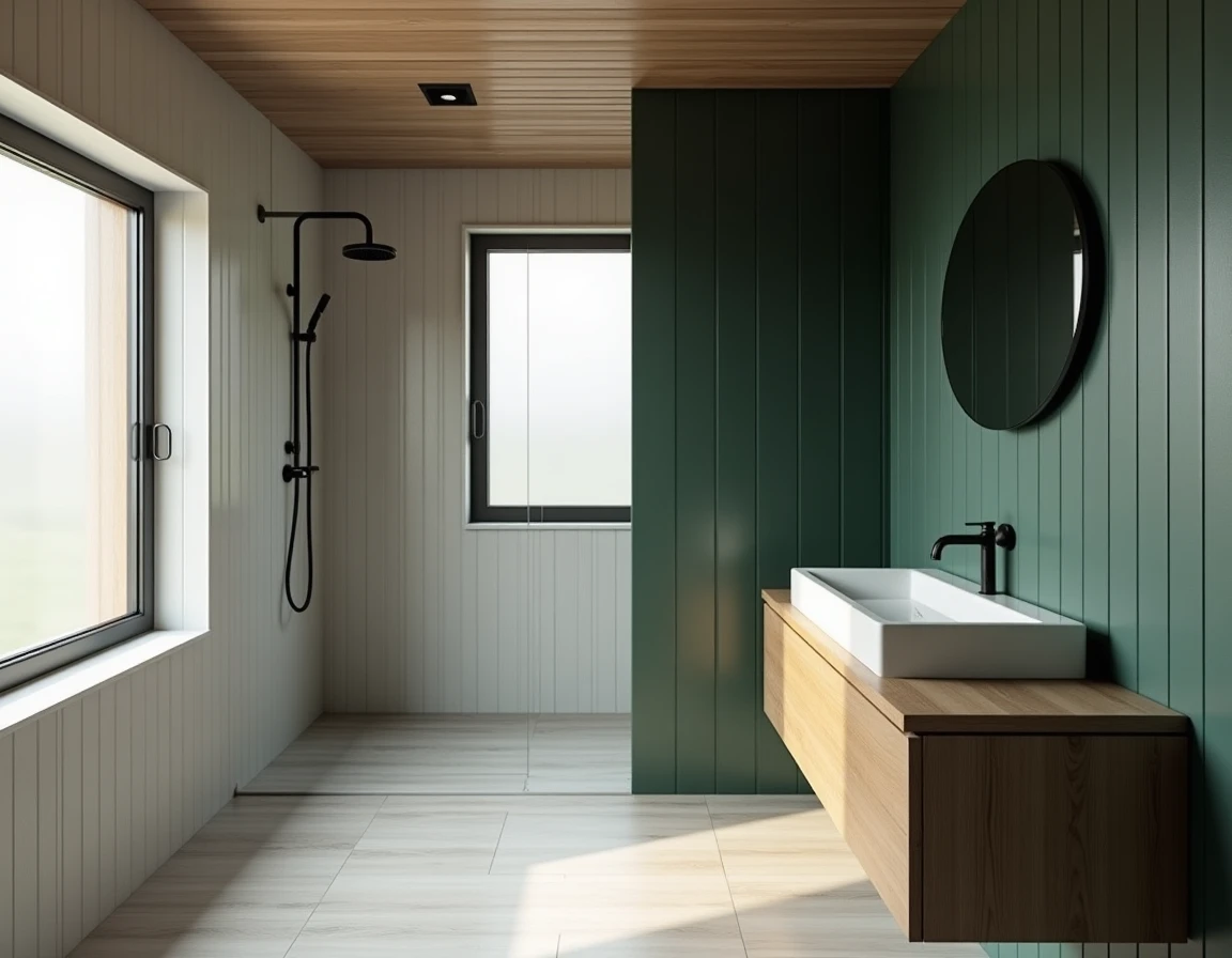 Skandinavisk bad med mørk grønn vegg, hvite fliser, lyst tre og messingspeil.