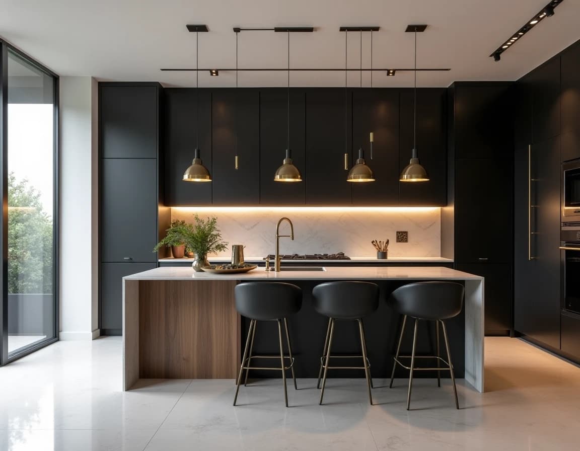 Moderne kjøkken med sort frontvegg, hvit marmorbenk og messingkraner i høy kontrast.