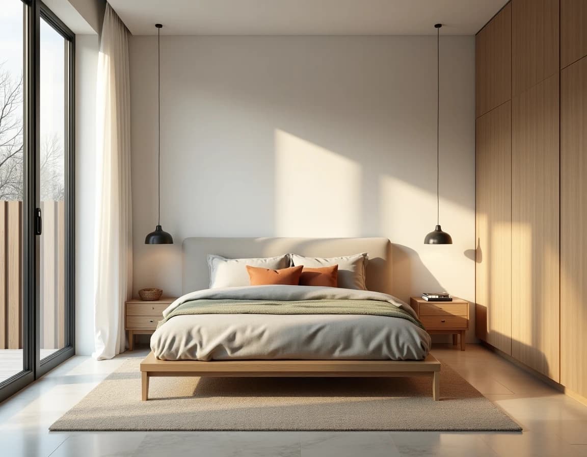 Skandinavisk soverom med lys tresengevegg, terrakotta-puter og travertinfliser.