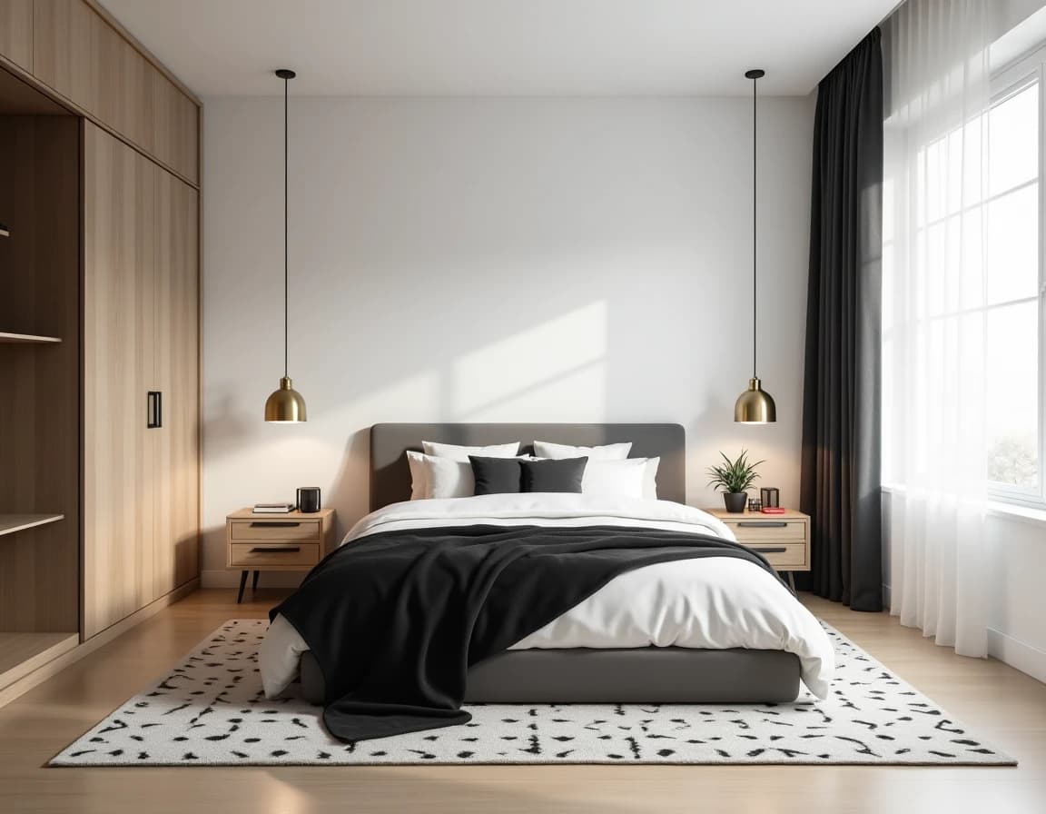 Skandinavisk soverom med sort hovedgavl, lyst tre, hvit vegg og messinglamper.