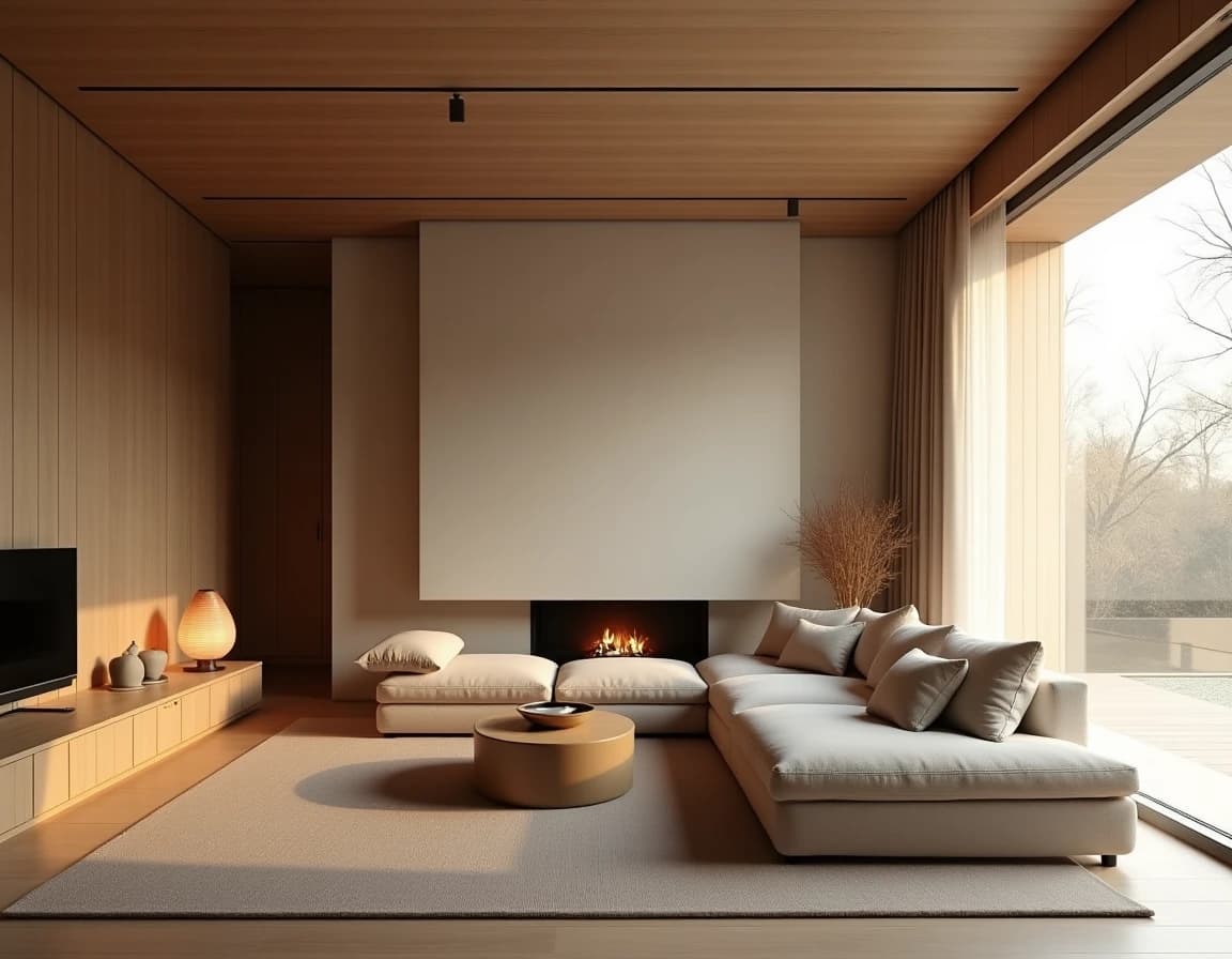 Japandi stue med lys eik-møbler, kremfarget lin-sofa og messinglampe.