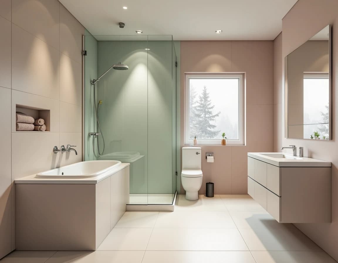 Moderne bad med salvie vegger, rosa terrazzobenkplate og hvit servant.