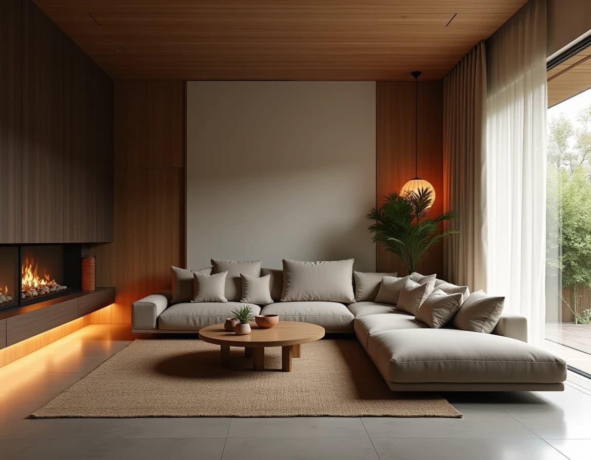 Japandi stue med rå eik, linputer, uglasert keramikk og planter.