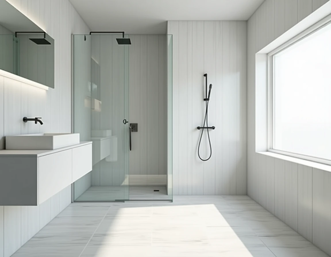 Minimalistisk bad med hvit marmor, stålspeil og grå servant.