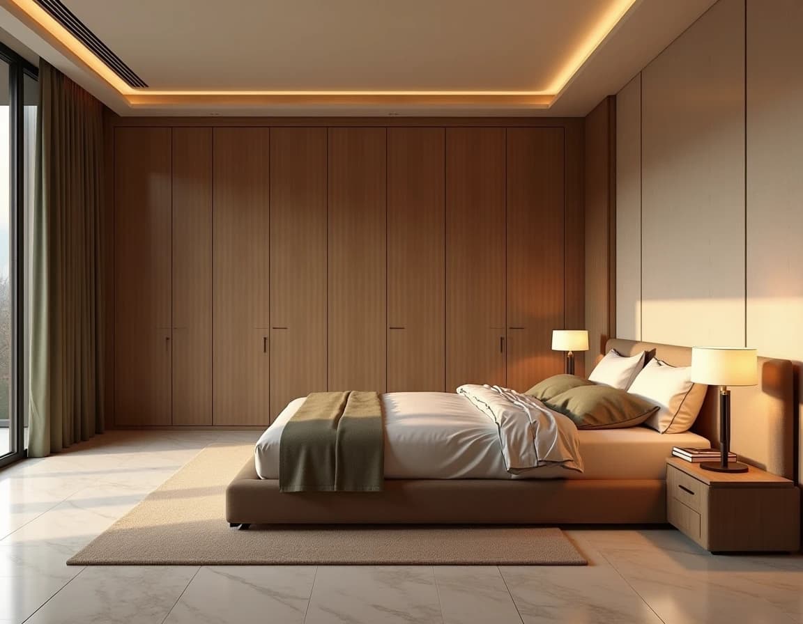 Moderne soverom med terrakottafargede vegger, olivengrønne gardiner og travertinfliser.