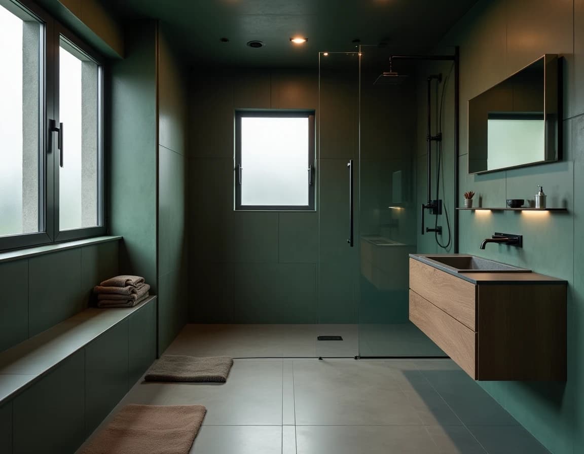Moderne bad med mørk grønnmalt vegg, sort skiferbenk og messingkraner.