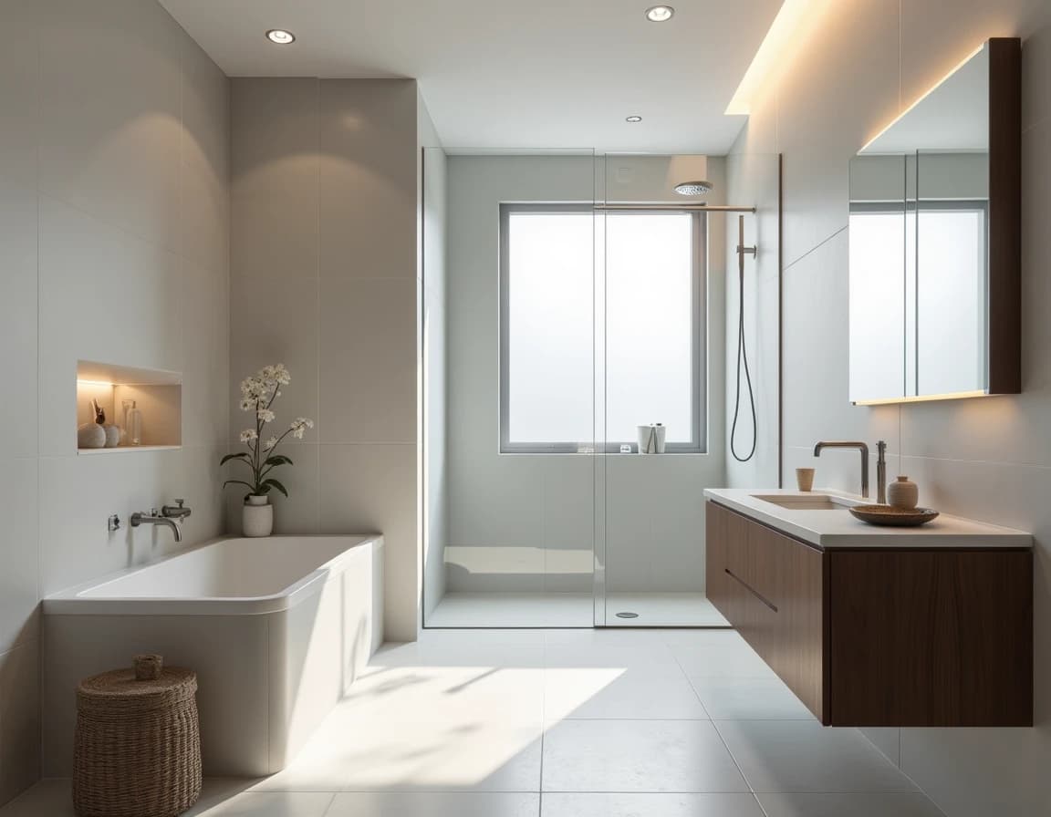 Japandi bad med kjølig grå marmor, ståldetaljer og lyst tre i minimalistisk design.