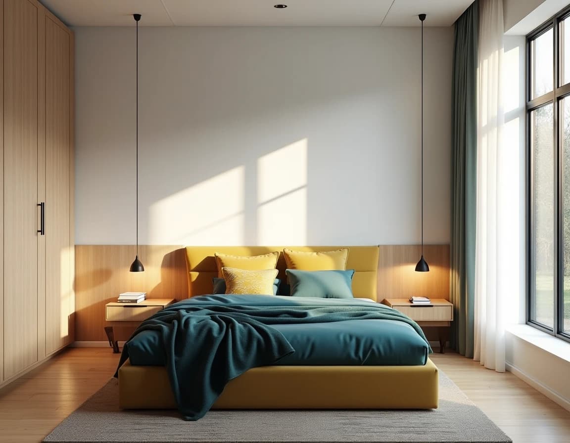 Skandinavisk soverom med dyp blå aksentvegg, okergule tekstiler og hvitmalt tre.