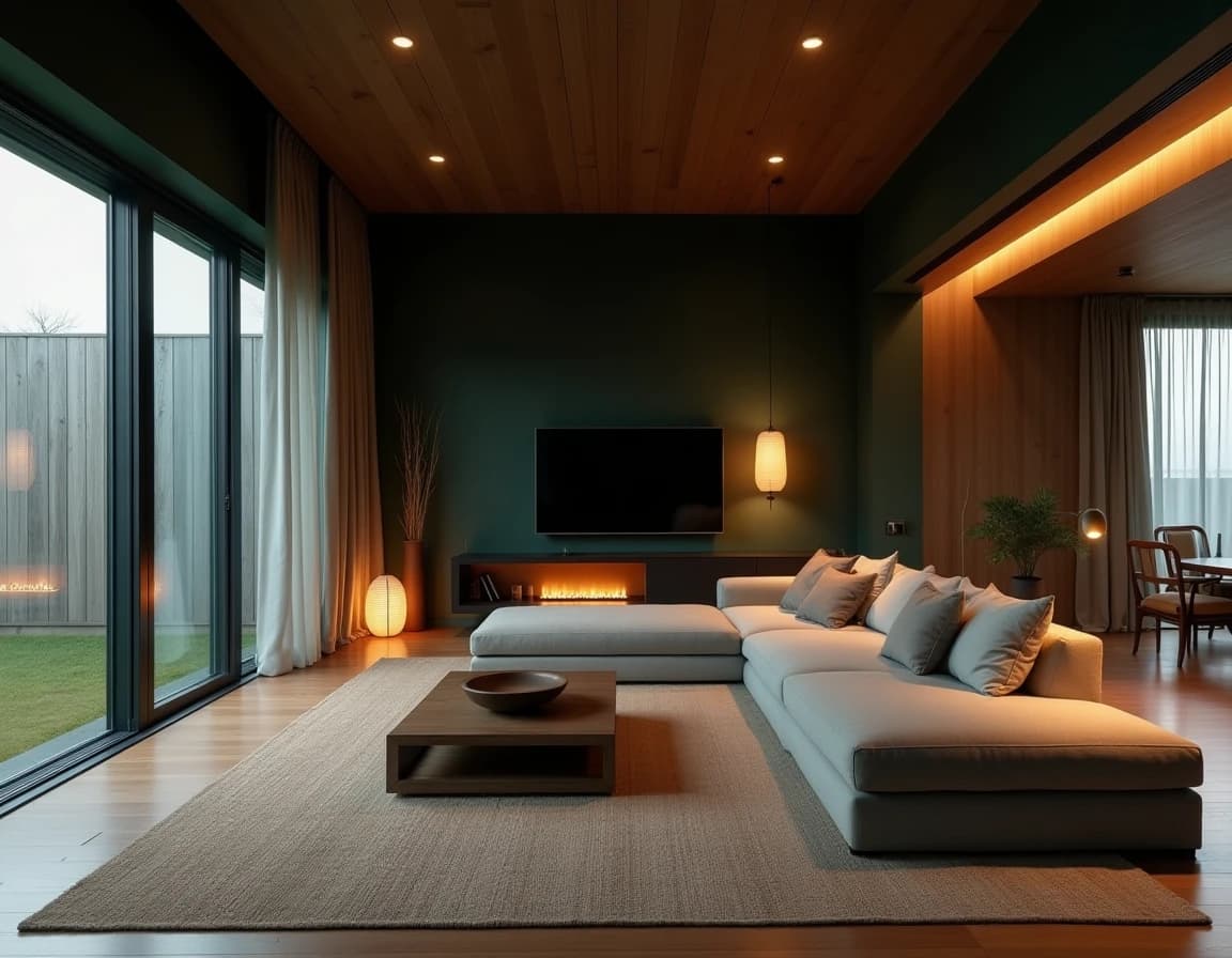 Japandi stue med mørk grønnmalte vegger, lyst tre og messinglampe.