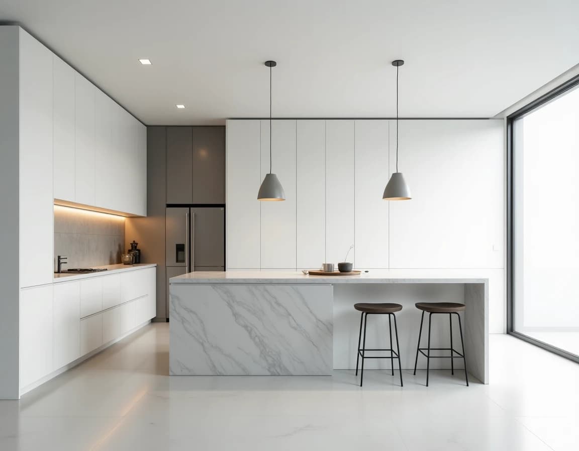 Minimalistisk kjøkken med hvite fronter, grå marmorbenk og ståldetaljer.