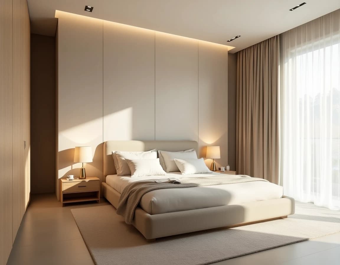 Minimalistisk soverom med lys eik-seng, kremfargede vegger og lintekstiler.