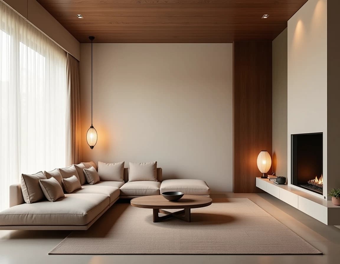 Japandi stue med lav teak-sofa, duse rosa vegg og salviegronn keramikk.