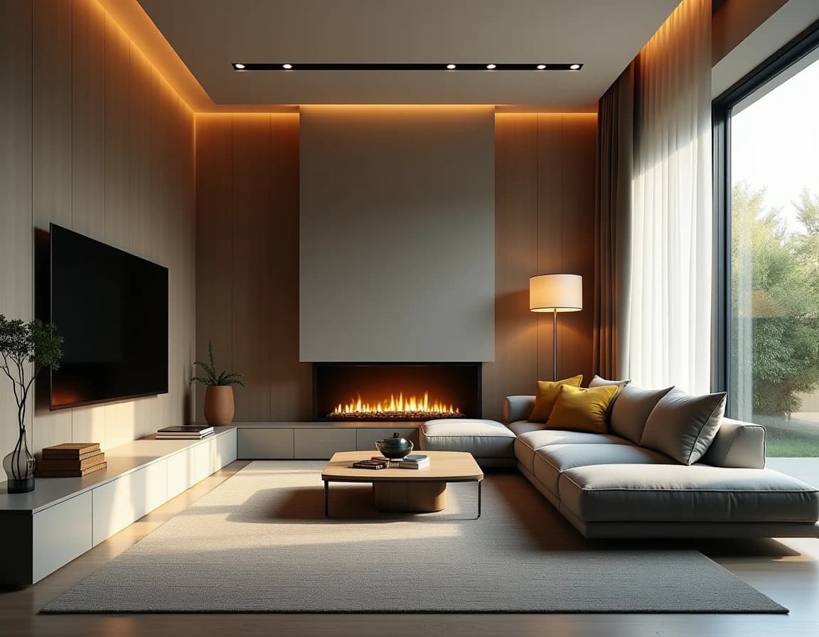 Minimalistisk stue med dyp blå vegg, okergule puter og mønstret kelim-teppe.