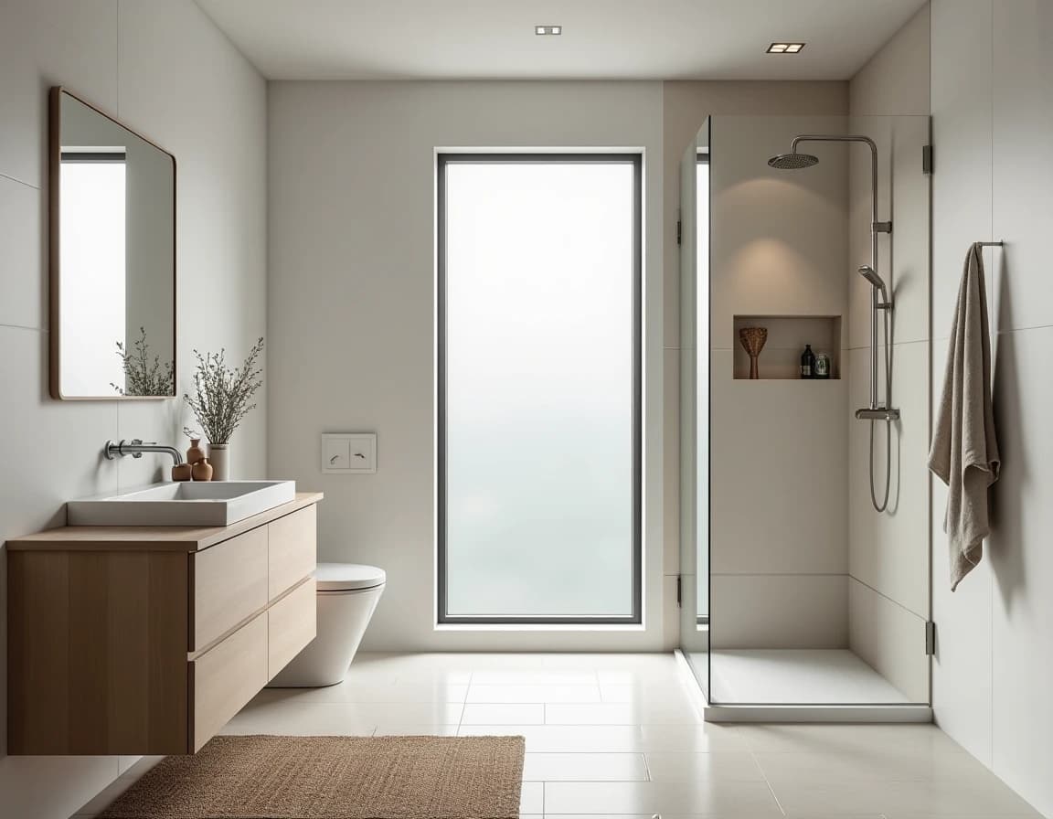 Skandinavisk bad med rå eik, hvite fliser, uglasert keramikkservant og potteplantetyper.