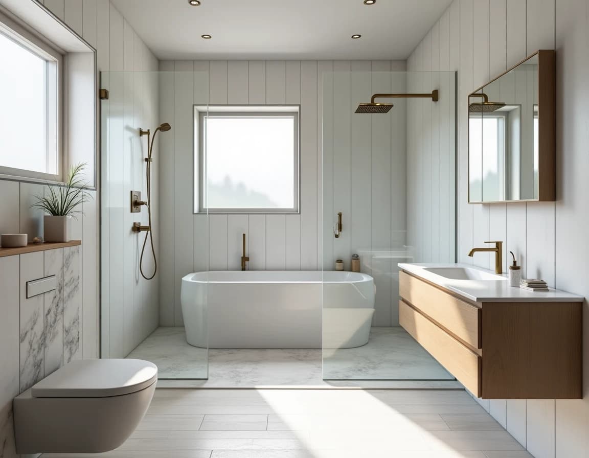 Skandinavisk bad med sort veggpanel, hvite fliser, messingkraner og lyst treoppbevaring.