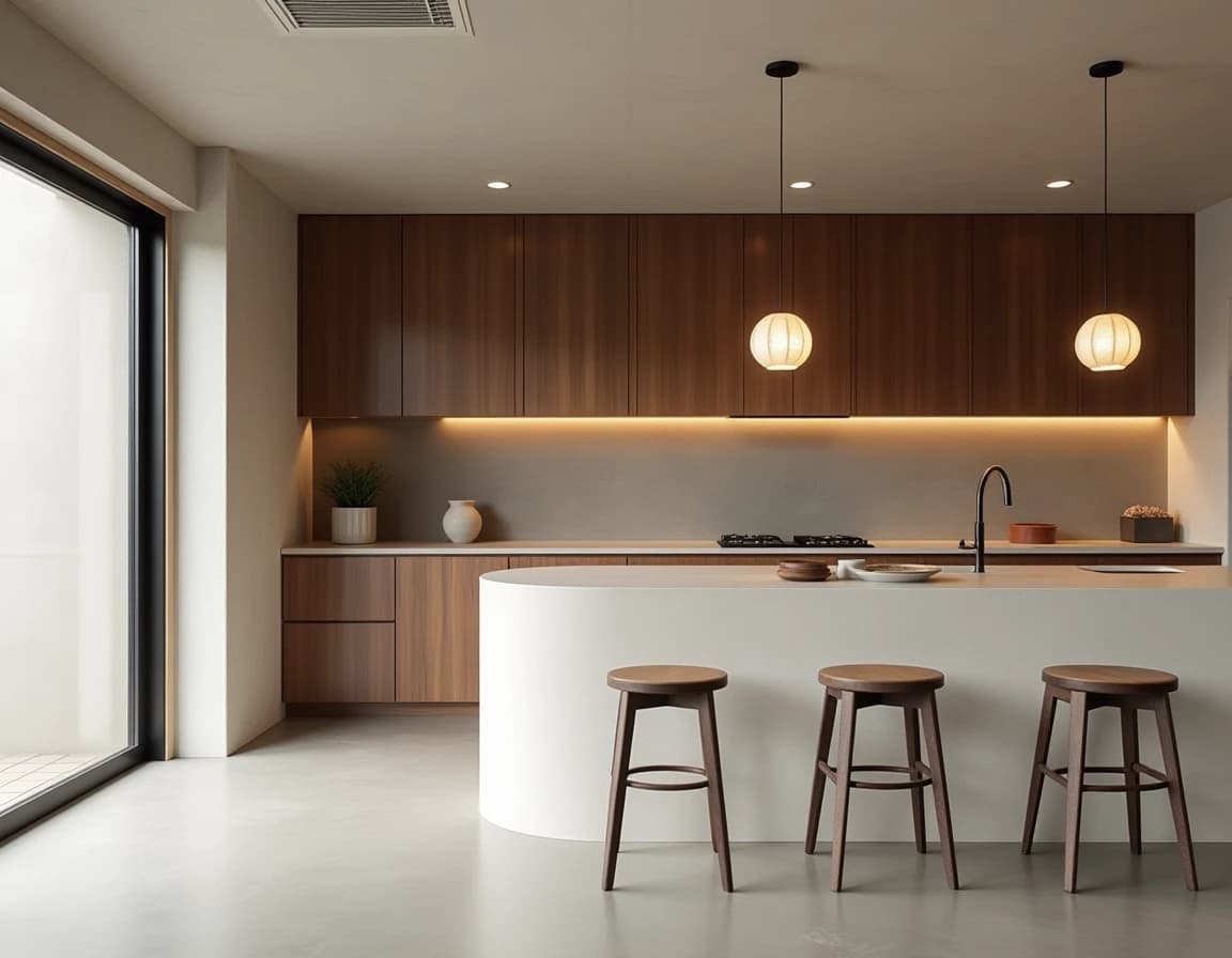 Japandi kjøkken med matte off-white fronter, betonggbenkeplate og åpne bambushyller.