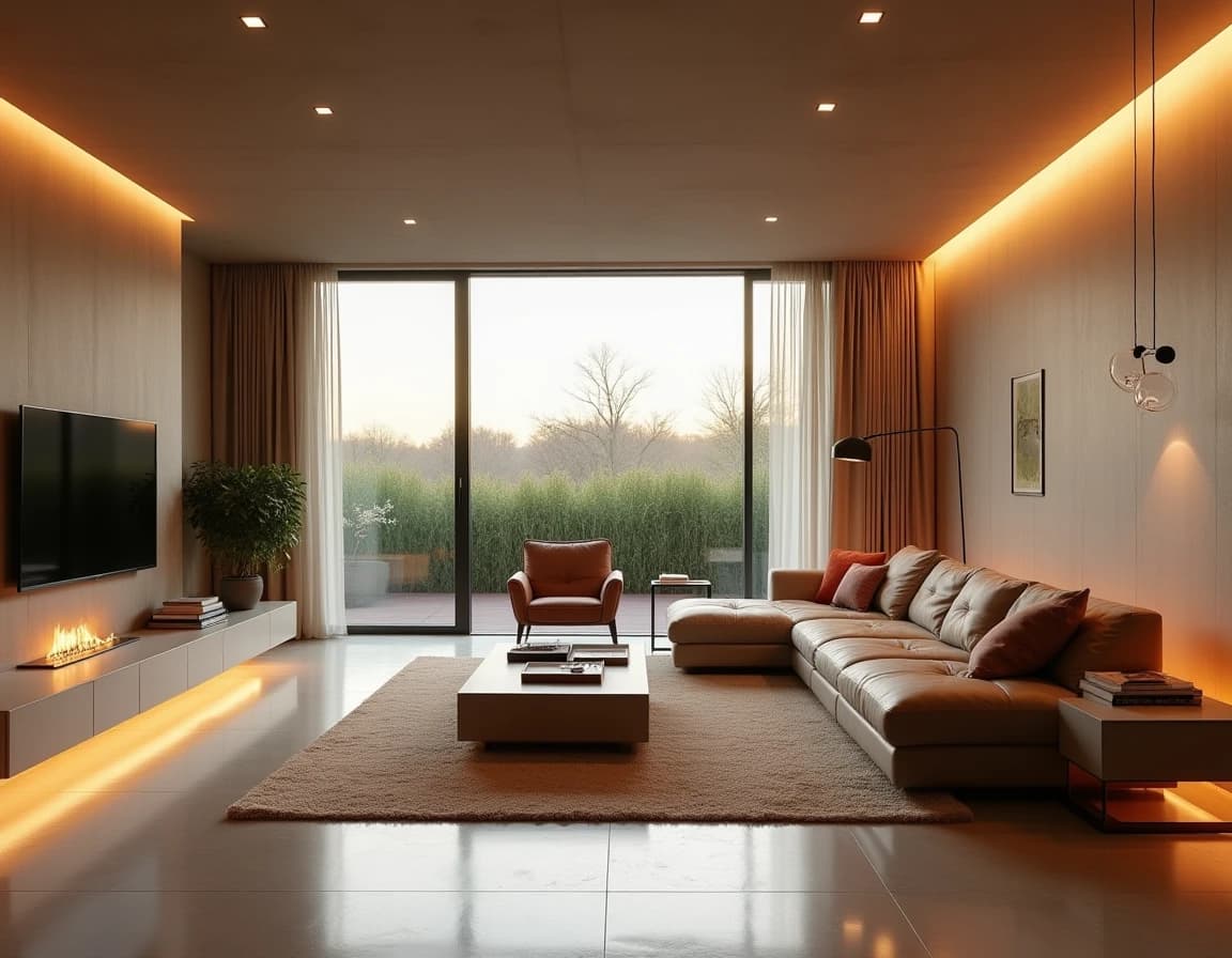 Moderne stue med terrakotta-aksentvegg, olivengrønne møbler og travertinfliser.