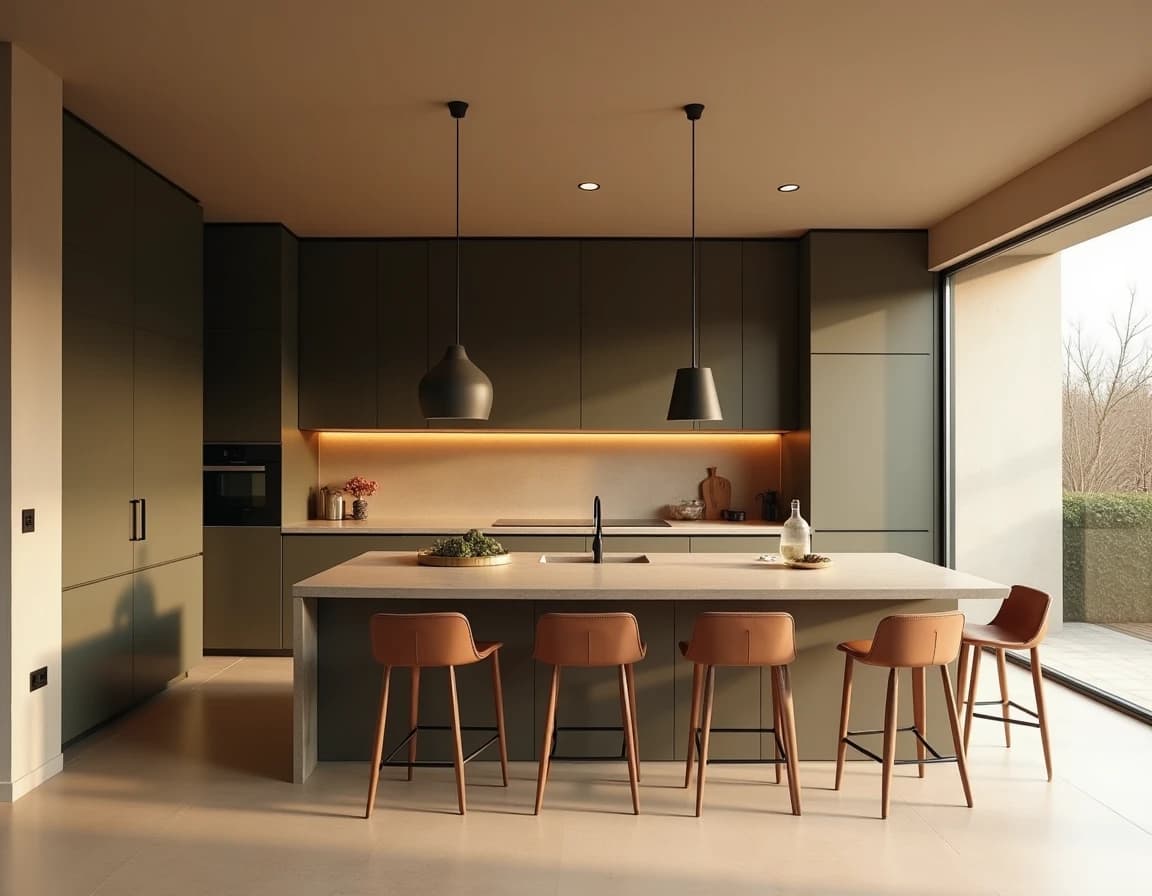 Minimalistisk kjøkken med olivengrønne fronter, travertinbenk og terrakottafarget lerkar.