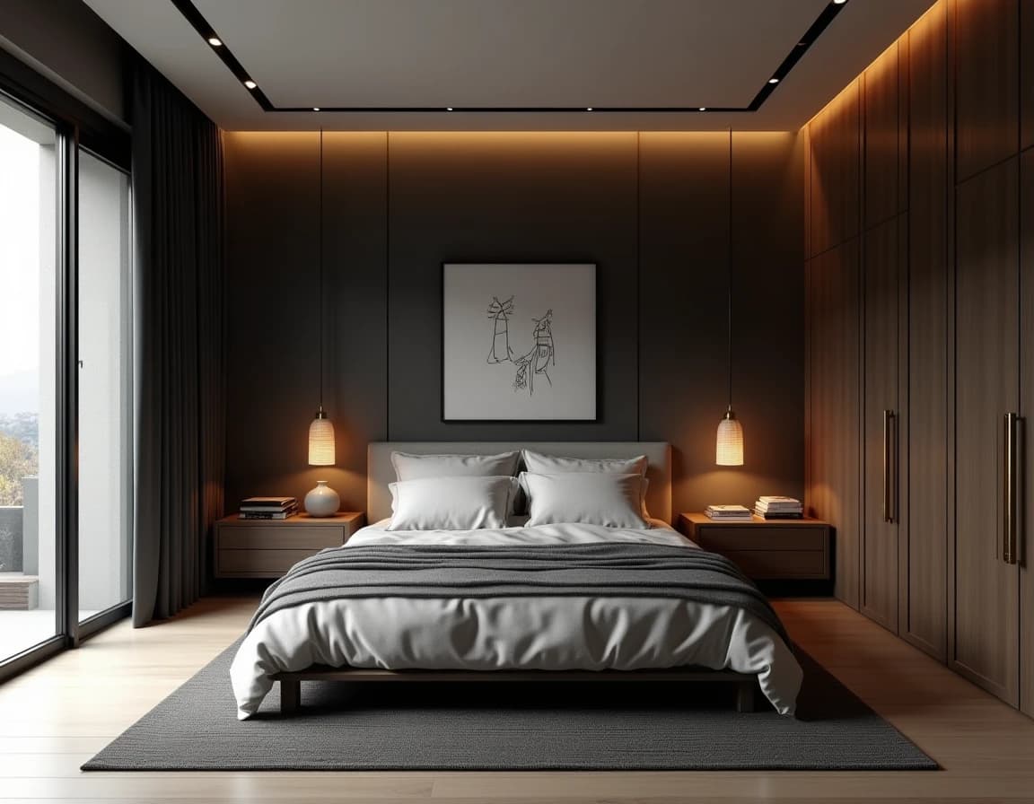 Japandi soverom med sort tømmerkonstruksjon, hvite lintekstiler og messingvegglampe.