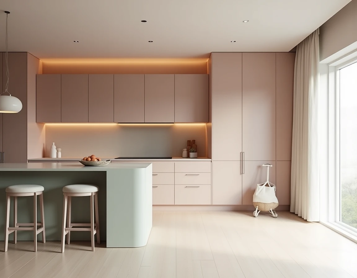 Minimalistisk kjøkken med salvie fronter, kremfarget benkeplate og åpne hyller.