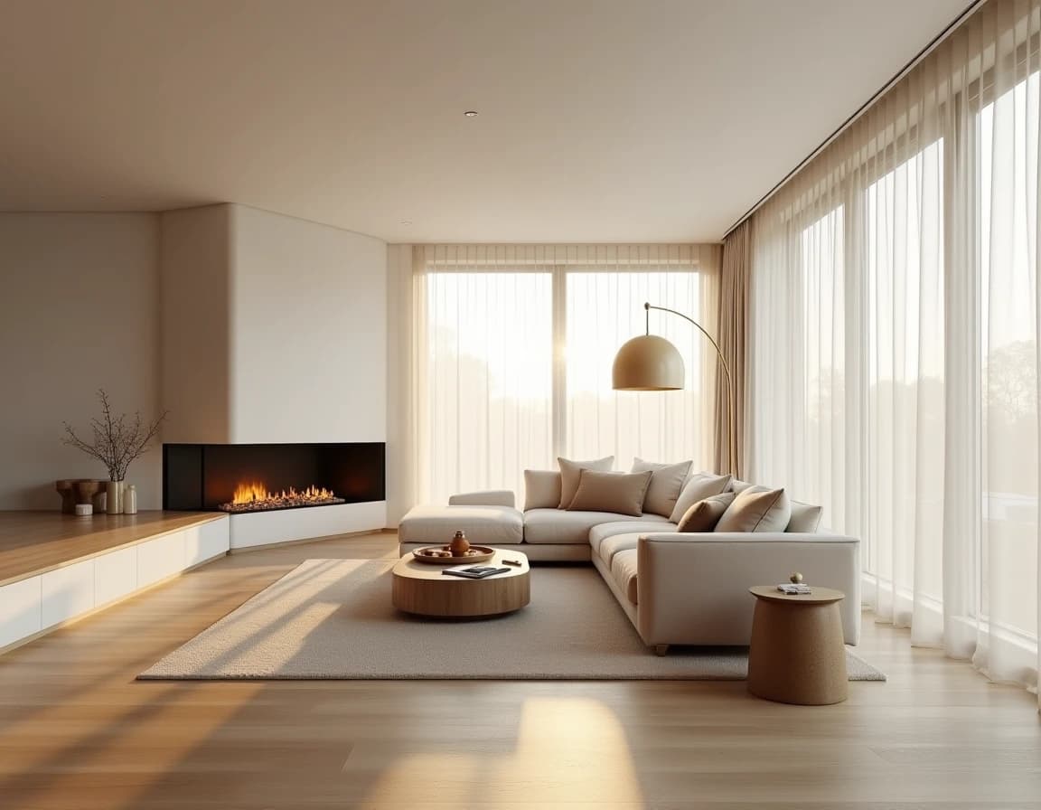 Skandinavisk stue med lys eik-møbler, kremfargede vegger og messing-lysarmatur.