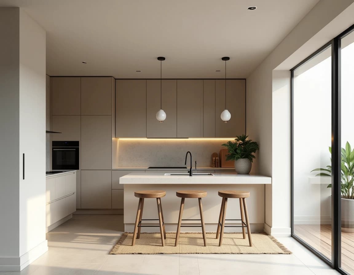 Minimalistisk kjøkken med rå eik hyller, hvit benk og uglasert keramikk.