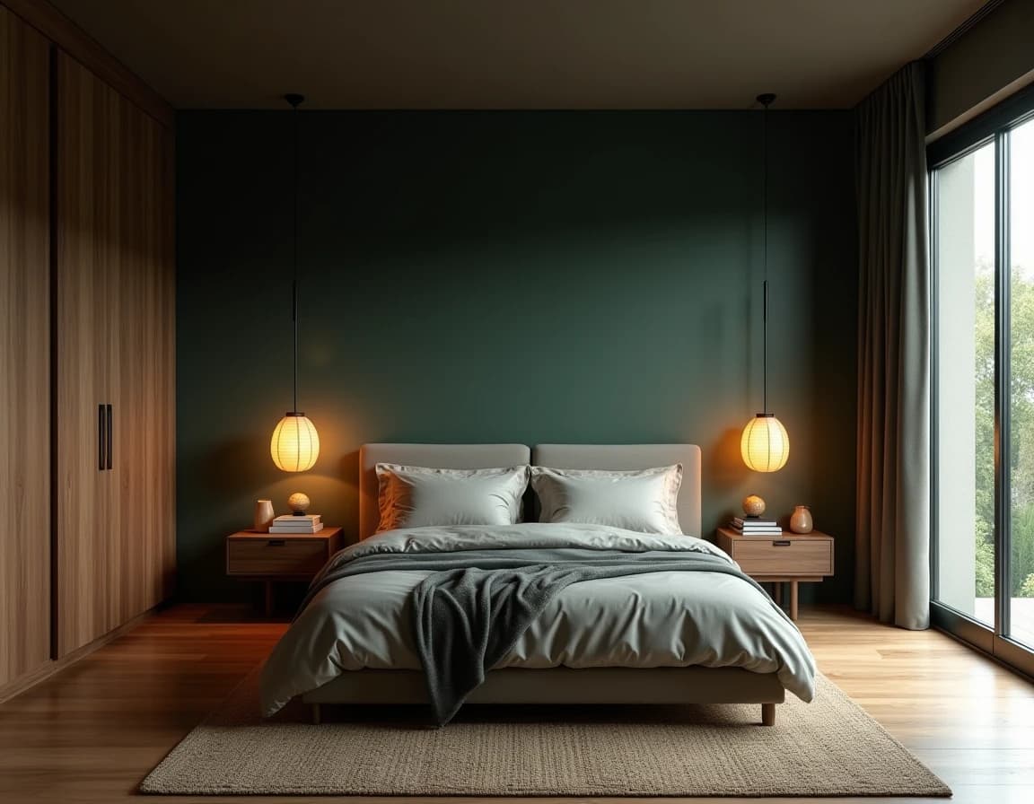 Japandi soverom med mørk grønnmalt vegg, mørk eik-seng, sortlinne og messinglamper.