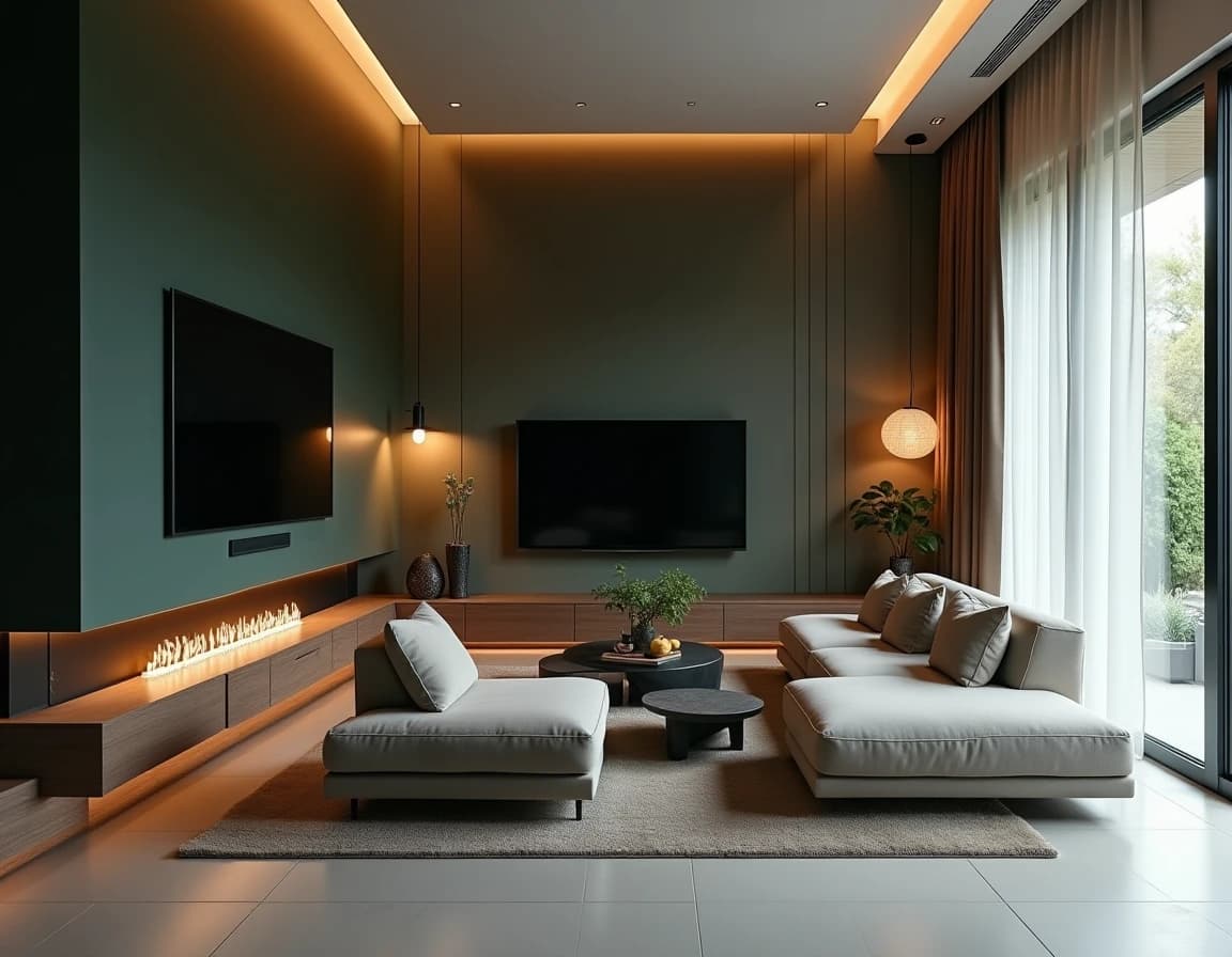 Moderne stue med mørk grønn vegg, sortskinnsofa og messinglampe.