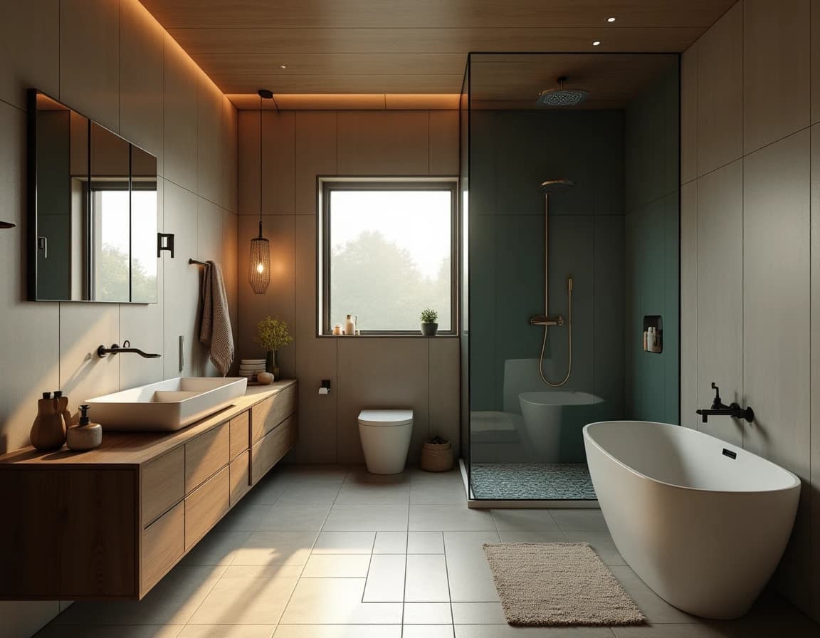 Japandi bad med dyp blå vegg, okerfargede linnehandklær og mønstret teppe.