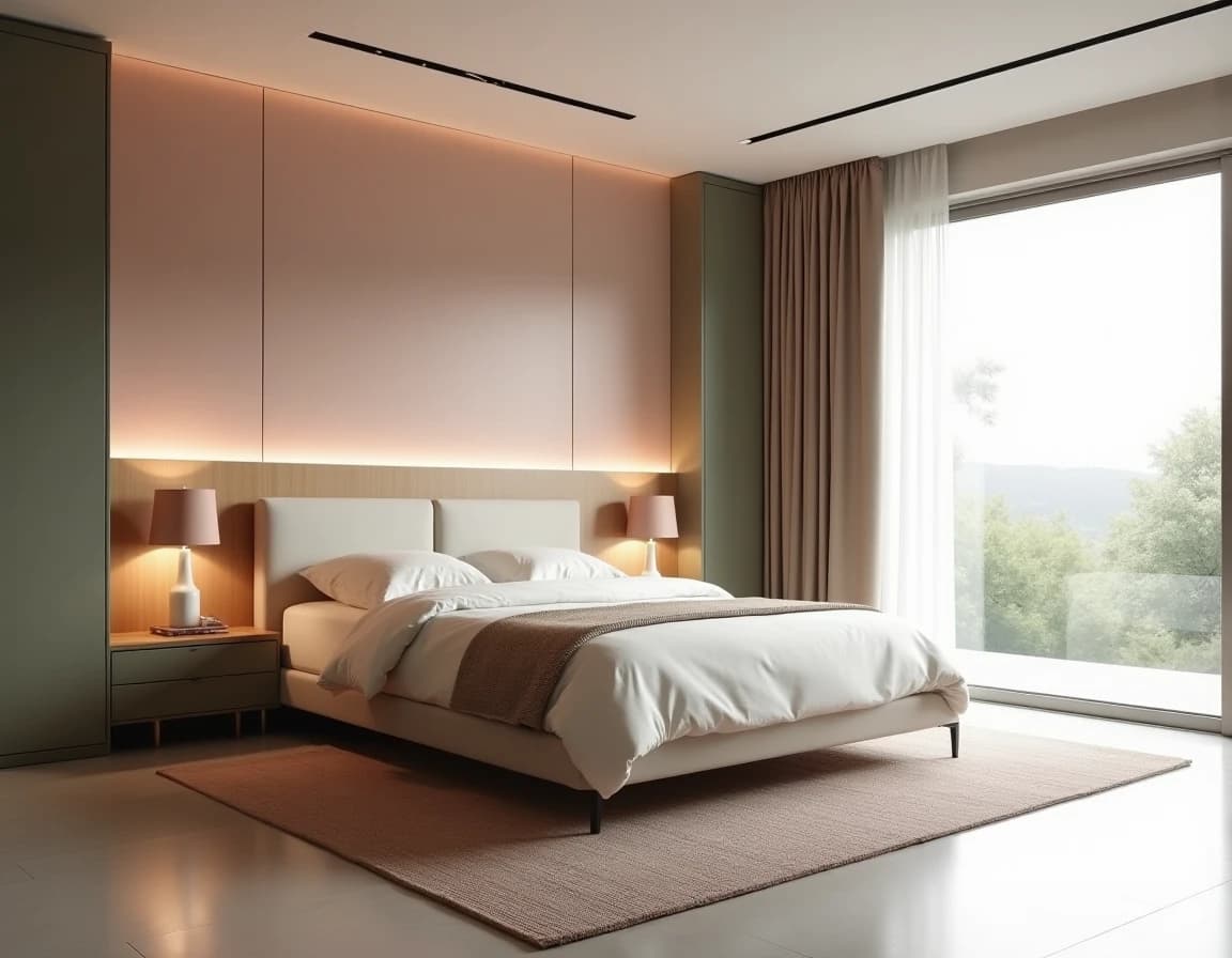 Moderne soverom med salvie sengegavl, rosa sengetøy og hvitmalt tre i minimalistisk stil.