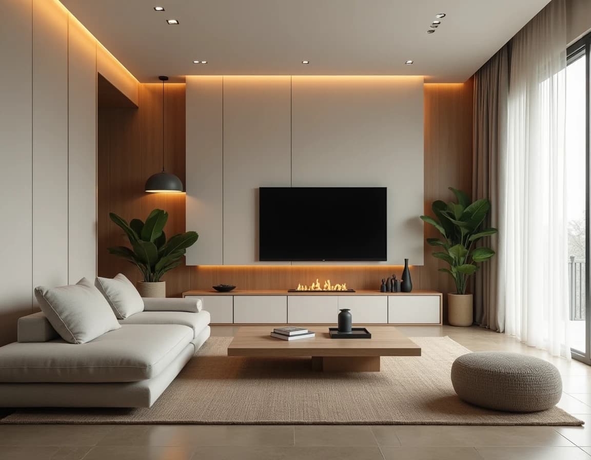 Minimalistisk stue med rå eikgulv, cremfarget linsofa og uglasert keramikk.