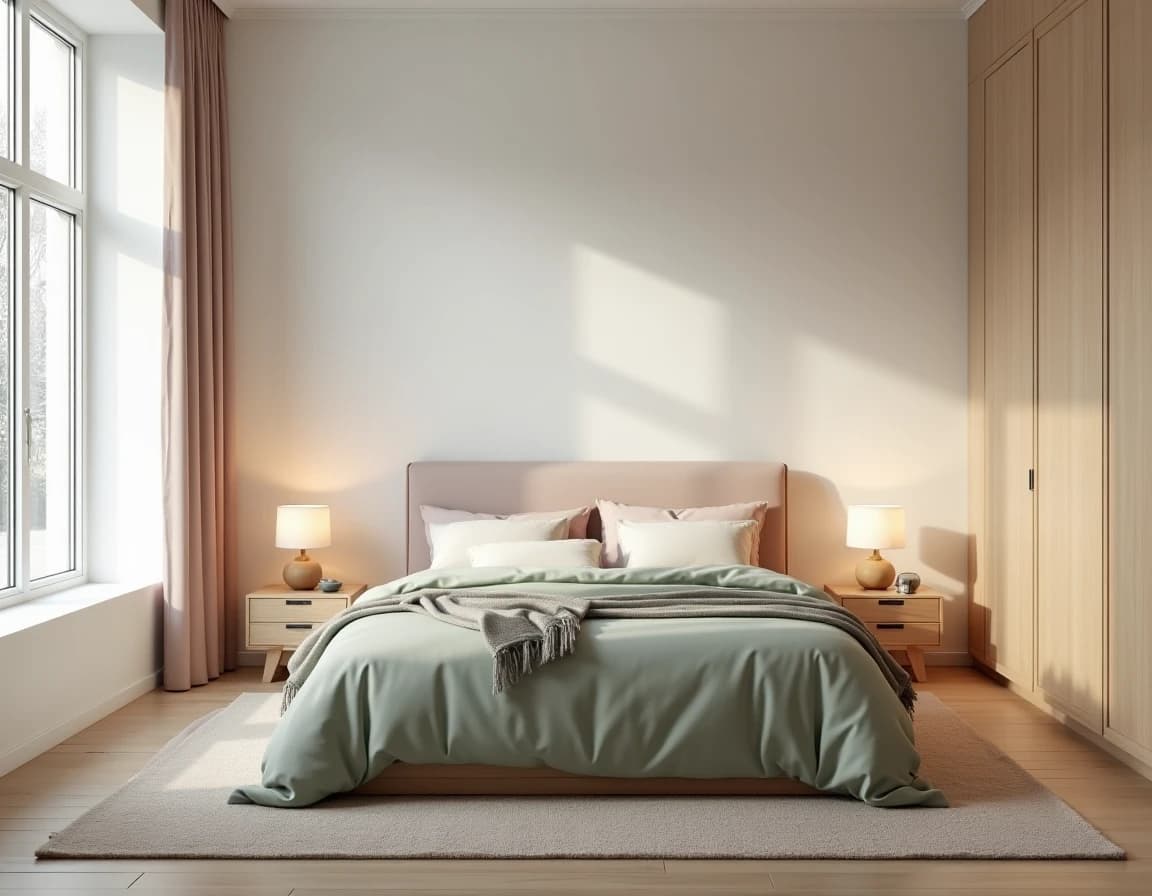 Skandinavisk soverom med salvie- og rosatonet tekstiler, lyst tre og kremfargede vegger.