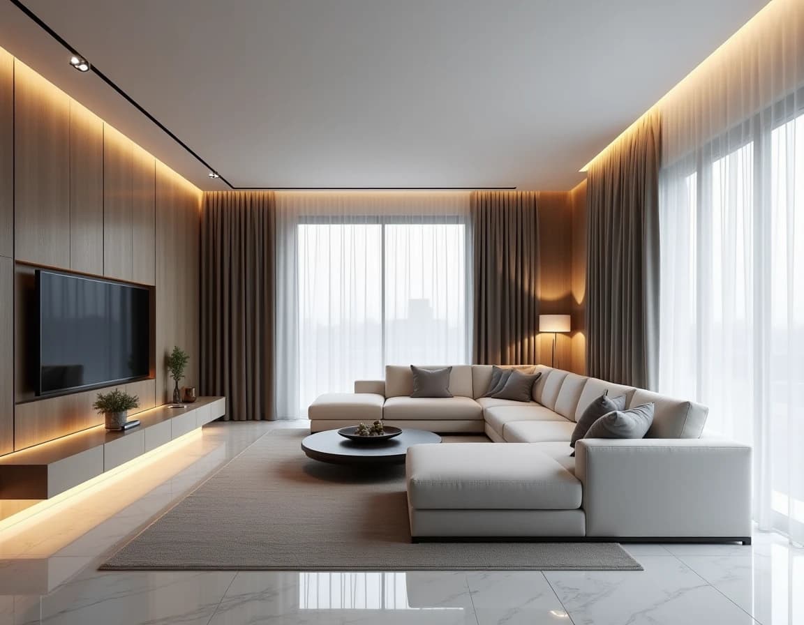 Moderne stue med hvit marmorfloor, stålhyller og grå sofa i kjølig dagslys.