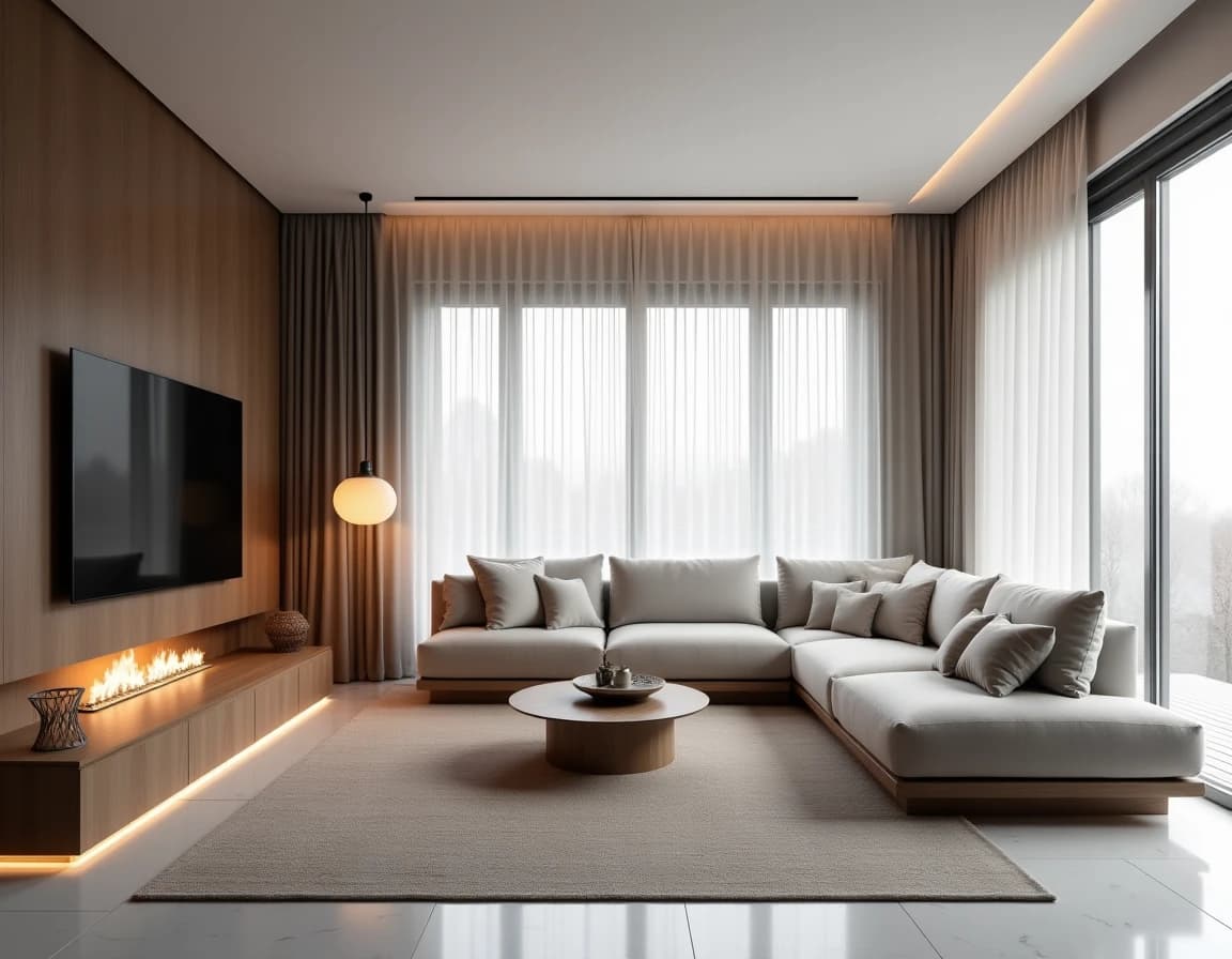 Japandi stue med kjølig marmor, gråfarga linsofa og stålbord i minimalistisk uttrykk.