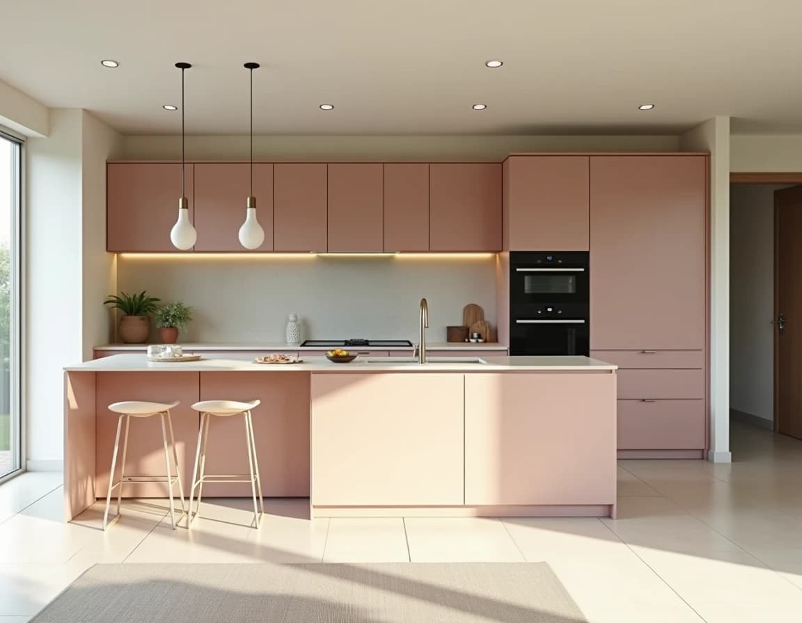 Moderne kjøkken med salvie fronter, rosatonet marmor og integrerte hvitevarer i pastelltoner.
